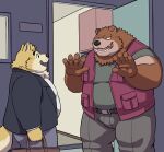  00murice 2023 anthro bear belly big_belly black_nose bottomwear brown_body brown_fur canid canine canis clothing domestic_dog duo fur hi_res humanoid_hands kemono male mammal overweight overweight_male pants shirt topwear 