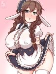  1girl animal_ears apron artist_logo black_hairband blush braid breasts brown_hair center_frills cosplay covered_nipples cowboy_shot cross_tie droopy_ears fake_animal_ears fleur_de_lapin_uniform floppy_ears frilled_apron frilled_cuffs frilled_hairband frilled_shirt frills gradient_background green_eyes hairband kanon_(kurogane_knights) kantai_collection kirima_syaro kirima_syaro_(cosplay) large_breasts lolita_hairband long_hair looking_at_viewer no_panties noshiro_(kancolle) one-hour_drawing_challenge open_mouth pink_background puffy_short_sleeves puffy_sleeves rabbit_ears shirt short_sleeves solo twin_braids underbust waist_apron waitress white_apron wrist_cuffs 