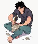  1boy barefoot black_eyes black_hair black_shirt blue_pants brushing closed_mouth commentary_request dog full_body grey_background hair_brush holding holding_hair_brush inudori itou_kaiji kaiji long_hair looking_at_animal looking_down male_focus medium_bangs pants parted_bangs scar scar_on_cheek scar_on_ear scar_on_face scar_on_hand shirt short_sleeves simple_background sitting solo 
