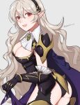  1girl armor ass black_hairband black_panties blush breasts cape cleavage cleavage_cutout clothing_cutout corrin_(female)_(fire_emblem) corrin_(fire_emblem) fire_emblem fire_emblem_fates fire_emblem_heroes hair_between_eyes hair_ornament hairband highres large_breasts long_hair looking_at_viewer official_alternate_costume open_mouth panties peach11_01 pointy_ears red_eyes smile solo torn_cape torn_clothes underwear white_hair 