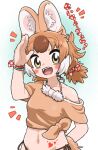  1girl animal_ear_fluff animal_ears appleq arm_up bare_shoulders bikini bow breasts brown_bikini brown_eyes brown_hair brown_shirt collarbone commentary_request dhole_(kemono_friends) hair_bow heart highres kemono_friends kemono_friends_3 multicolored_hair navel notice_lines off_shoulder polka_dot polka_dot_bow red_bow shirt short_sleeves side-tie_bikini_bottom small_breasts solo swimsuit tied_shirt translation_request two-tone_hair white_hair 