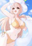  absurdres armpits bikini blonde_hair blue_archive blue_sky breasts cleavage cloud commentary_request cowboy_shot front-tie_bikini_top front-tie_top green_eyes green_halo halo hat hat_tug highres innertube large_breasts long_hair mtoan navel nonomi_(blue_archive) nonomi_(swimsuit)_(blue_archive) official_alternate_costume open_mouth side-tie_bikini_bottom sky smile sun_hat swimsuit white_headwear white_innertube yellow_bikini 