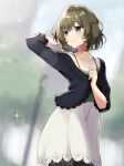  1girl arms_behind_head black_dress blurry blurry_background breasts cleavage dress green_hair heterochromia highres idolmaster idolmaster_cinderella_girls idolmaster_starlit_season jewelry lius mole mole_under_eye short_hair skirt smile sparkle takagaki_kaede white_skirt 