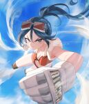  1girl airborne bikini blue_eyes blue_hair breasts brown_bikini brown_shorts cleavage clenched_hands commission falling floating_hair foreshortening gloves goggles goggles_on_head highres jinjer_(medescoto) knee_pads long_hair medium_breasts midriff navel notcy4n original punching short_shorts shorts solo swimsuit twintails twitter_username v-shaped_eyebrows white_gloves 