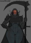  2022 5_fingers armor big_breasts biped bone bottomless bracers breastplate breasts clothed clothing curvy_figure dated death_(personification) female fingers flat_colors front_view genitals grey_armor grey_background grey_body grey_cape grey_clothing grim_reaper hand_on_hip hi_res holding_melee_weapon holding_object holding_scythe holding_weapon huge_thighs humanoid melee_weapon midriff navel not_furry partially_clothed pauldron portrait pussy red_eyes runawaystride signature simple_background skull skull_head smoke_from_mouth solo spiked_armor spiked_pauldron spikes standing thick_thighs thigh_gap three-quarter_portrait undead under_boob weapon wide_hips 