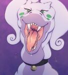  ambiguous_gender bell bell_collar black_collar blue_body bodily_fluids collar drooling fangs front_view green_eyes hi_res lionfloof mouth_shot neck_bulge open_mouth purple_body red_tongue saliva saliva_string simple_background solo species_request teeth tongue uvula 