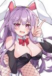  1girl animal_ears blush breasts cleavage detached_sleeves fishnets highres kneeling kurogane_vipers large_breasts long_hair looking_at_viewer pink_eyes playboy_bunny purple_hair rabbit_ears rabbit_girl rabbit_tail reisen_udongein_inaba solo tail thighs touhou v wrist_cuffs 