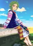  1girl ahoge alternate_costume barefoot closed_mouth day elf green_hair highres mizumori_keiichi mushoku_tensei outdoors pointy_ears red_eyes short_hair smile solo sylphiette_(mushoku_tensei) ukrainian_clothes 