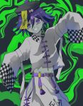  1boy alternate_costume belt black_background black_headwear checkered_clothes checkered_jacket chi_gaya danganronpa_(series) danganronpa_v3:_killing_harmony flipped_hair green_background grin hair_between_eyes halloween_costume highres jacket jiangshi male_focus navel ofuda oma_kokichi outstretched_arms pink_belt purple_eyes purple_hair scar smile solo teeth torn_jacket zombie_pose 