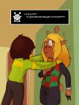  ambiguous_gender anthro antlers blush checkered_clothing clothing deer deltarune dialogue duo eye_contact female hi_res hitsuji horn human kabedon kris_(deltarune) locker looking_at_another mammal noelle_holiday pattern_clothing school sweater tail tail_motion tailwag topwear undertale_(series) 