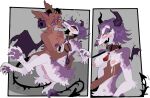  anthro balls bodily_fluids breast_squeeze breasts canid canine canis demon domestic_dog duo fur genitals guncht gynomorph intersex lactating leaking_milk mammal open_mouth open_smile purple_body purple_fur smile spade_tail tail 