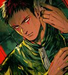  1boy character_request check_character dorohedoro eye_tattoo jacket kai_(dorohedoro) looking_at_viewer male_focus panco parted_lips portrait red_background sideburns solo yellow_eyes zipper 