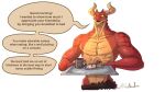  16:9 absurd_res anthro dialogue dragonborn_(dnd) dungeons_and_dragons english_text food hasbro hi_res horn lluisabadias male mug muscular muscular_anthro muscular_male plate red_body red_scales scales scalie serving_tray shirtless simple_background solo speech_bubble text white_background widescreen wizards_of_the_coast yellow_eyes 