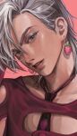  1boy earrings food-themed_earrings food_print hand_on_own_head highres jacket jewelry jojo_no_kimyou_na_bouken looking_at_viewer necktie pannacotta_fugo red_jacket short_hair smile snr_snr strawberry_earrings strawberry_print vento_aureo white_eyes white_hair 