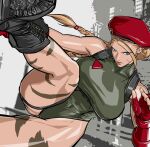  1girl beret black_footwear blonde_hair blue_eyes boots braid breasts cammy_white camouflage combat_boots fighting_stance fingerless_gloves foot_out_of_frame gloves green_leotard groin hair_tie hat highres large_breasts leotard long_hair multiple_braids parted_bangs red_gloves red_headwear scar scar_on_cheek scar_on_face shunobon sleeveless_turtleneck_leotard solo street_fighter street_fighter_6 suspenders thigh_strap 