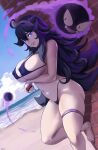  1girl absurdres against_wall ahoge arm_under_breasts barefoot beach bikini blue_sky breasts brick_wall cleavage cloud cloudy_sky commentary_request covered_nipples foot_against_wall foot_out_of_frame gastly hair_between_eyes hex_maniac_(pokemon) highres holding holding_poke_ball huge_breasts large_breasts long_hair looking_at_viewer nail_polish navel ocean outdoors parted_lips poke_ball pokemon pokemon_(game) pokemon_xy purple_bikini purple_hair purple_nails sand sky swimsuit thigh_strap toenail_polish toenails ultrabinou water 