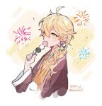 1boy aether_(genshin_impact) ahoge alternate_costume artist_name blonde_hair blush border braid brown_robe cloud_print dango earrings eating fireworks flower food genshin_impact green_flower hair_between_eyes hair_ornament hand_up holding holding_food jewelry kkojae3 long_hair long_sleeves looking_at_viewer male_focus open_clothes open_robe orange_background orange_shirt outside_border pom_pom_(clothes) robe shirt simple_background single_earring solo star_(symbol) upper_body wagashi white_border wide_sleeves yellow_eyes 