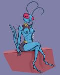  2023 antennae_(anatomy) anthro arthropod artist_name bare_shoulders big_eyes black_pupils blue_body blue_lips breasts clothed clothing compound_eyes curled_antennae digital_drawing_(artwork) digital_media_(artwork) ear_piercing ear_ring female female_anthro gold_(metal) gold_jewelry gradient_background hi_res image_comics insect invincible_(comics) invincible_(tv_series) jewelry lips long_neck nipples partially_clothed piercing pink_eyes pupils ring_piercing simple_background smile solo thatonehooman thick_lips thraxan unusual_pupils 