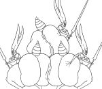  anthro arthropod arthropod_abdomen ass_to_ass big_butt breasts butt butt_focus butt_squish cloak cloak_only clothing crouching female group hollow_knight insect mantis mantis_lord melee_weapon plamzdoom polearm rear_view spear squish team_cherry trio weapon 