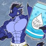  1:1 abs anthro beard beverage_can biped black_hair blue_body bottomwear clawed_fingers clothing dragon facial_hair grey_background grin grinning_at_viewer hair half-length_portrait holding_object holding_soda horn humanoid_pointy_ears indigo_body looking_at_viewer male mctaylis muscular muscular_anthro muscular_male one_eye_closed pecs portrait psych_hydra scales shorts signature simple_background smile solo tail text wink winking_at_viewer 