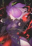  1girl absurdres black_gloves black_hair china_dress chinese_clothes dress flower flower_on_head foreshortening gloves highres long_hair mont_blanca open_mouth purple_dress purple_eyes purple_flower short_sleeves smile solo touhou vine_print yomotsu_hisami 