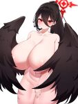  1girl 5danny1206 bird_wings black_hair black_wings blue_archive blush breasts closed_mouth commentary completely_nude covering covering_crotch cowboy_shot hair_between_eyes halo hasumi_(blue_archive) highres huge_breasts long_hair looking_at_viewer mole mole_under_eye navel nipple_slip nipples nude ponytail red_eyes red_halo simple_background solo white_background wings 