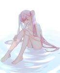  1girl barefoot bikini blush closed_eyes full_body hair_ribbon hands_on_own_knees head_tilt highres knees_up long_hair nana_mikoto open_mouth original pink_hair ribbon ripples sitting smile solo sparkle swimsuit twintails very_long_hair water 