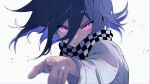  1boy absurdres black_hair d: danganronpa_(series) danganronpa_v3:_killing_harmony grey_jacket hair_between_eyes highres jacket long_sleeves male_focus multicolored_hair oma_kokichi parted_lips pink_eyes purple_hair simple_background solo teeth two-tone_hair urami0310 white_background 