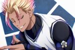  1boy blonde_hair blue_lock colored_eyelashes fingernails gradient_hair highres looking_at_viewer male_focus may_(illust_man_2020) multicolored_hair pink_eyes pink_hair shidou_ryuusei soccer_uniform solo sportswear teeth upper_body 