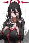  1girl absurdres black_gloves black_hair black_serafuku black_wings blue_archive blush breasts cropped_shirt doughnut eating feathered_wings flying_sweatdrops food gloves hair_between_eyes halo hasumi_(blue_archive) highres holding holding_food large_breasts looking_up mole mole_under_eye neckerchief red_eyes red_neckerchief san_(harutuki_3) school_uniform serafuku simple_background solo straight_hair sweatdrop translation_request upper_body white_background wings 