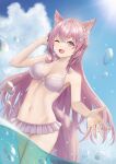  1girl absurdres animal_ear_fluff animal_ears antenna_hair bikini bikini_skirt blue_sky braid breasts cleavage cloud fang hair_ornament hakui_koyori hexagon_hair_ornament highres hololive long_hair looking_at_viewer m2013sachi medium_breasts navel one_eye_closed pink_bikini pink_eyes pink_hair pink_skirt skin_fang skirt sky smile solo swimsuit tail virtual_youtuber wading water wolf_ears wolf_girl wolf_tail 