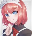  1girl 625chin apron black_dress blue_eyes blush closed_mouth collared_dress commentary_request dress highres hisui_(tsukihime) long_sleeves looking_at_viewer maid maid_apron maid_headdress neck_ribbon red_hair red_ribbon ribbon short_hair solo tsukihime upper_body white_apron 