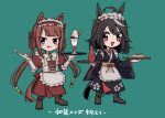  2girls :p ahoge alternate_costume animal_ears brown_hair chibi commentary_request desert enmaided food fried_rice full_body green_background hair_between_eyes hair_ornament hair_rings highres horse_ears horse_tail kitasan_black_(umamusume) kudach_i looking_at_viewer maid maid_headdress multiple_girls purple_eyes shoes simple_background spoon sweep_tosho_(umamusume) tail tongue tongue_out translation_request tray twintails umamusume wa_maid 