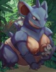  abram_all anthro big_breasts blue_eyes bodily_fluids breast_squish breastfeeding breasts crouching curvy_figure daughter_(lore) detailed_background female feral forest generation_1_pokemon group hi_res huge_breasts jungle lactating larger_anthro larger_female mature_female mother_(lore) mother_and_child_(lore) mother_and_daughter_(lore) nidoqueen nidoran nidoran♀ nintendo nipples parent_(lore) parent_and_child_(lore) plant pokemon pokemon_(species) red_eyes semi-anthro size_difference slightly_chubby smaller_female smaller_feral spikes spikes_(anatomy) squish stocky thick_thighs tree voluptuous 