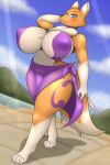  &lt;3 &lt;3_eyes 2:3 4_toes 5_fingers absurd_res anthro bandai_namco beach belly big_breasts blue_eyes blush breasts brown_nose cel_shading chest_tuft cleavage cleavage_cutout clothed clothing cloud curvy_figure day digimon digimon_(species) dipstick_ears dipstick_tail dutch_angle feet female fingers full-length_portrait glistening glistening_body gloves_(marking) hand_behind_head hi_res huge_breasts huge_hips huge_thighs johnmarten leg_markings light long_tail looking_at_viewer markings mature_female mountain multicolored_body multicolored_ears nipple_outline outside portrait purple_clothing raised_arm renamon sand seaside shaded shadow sky socks_(marking) solo sunlight swimwear tagme tail tail_markings thick_thighs toes tuft two_piece_swimsuit two_tone_body voluptuous white_body yellow_body 