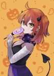  1girl :o ahoge alternate_costume artist_name bandaged_arm bandages black_horns black_shirt blush breasts candy cleavage commentary demon_horns demon_tail fake_horns fake_tail fate/grand_order fate_(series) food fujimaru_ritsuka_(female) halloween halloween_costume highres holding holding_candy holding_food horns lollipop looking_at_viewer matsui_haru medium_breasts orange_hair purple_skirt shirt short_hair side_ponytail skirt sleeveless sleeveless_shirt solo tail yellow_background yellow_eyes 