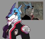  anthro apolonoise canid canine canis clothing collar doggie_kruger domestic_dog jacket male mammal open_mouth power_rangers red_eyes smile smiling_at_viewer solo super_sentai topwear 