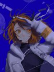 1girl a.i._voice adachi_rei arm_up black_shirt blue_background closed_mouth commentary expressionless floating_hair frown gloves headlamp headset jacket long_sleeves looking_to_the_side looking_up medium_hair one_side_up open_clothes open_jacket orange_eyes orange_hair planet radio_antenna s_uibo2 satellite shading_eyes shirt simple_background solo turtleneck upper_body utau white_gloves wind wind_lift 