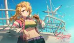  1girl :t absurdres belt bird blonde_hair blonney blue_eyes blue_shorts blue_sky boat breasts burger character_name curly_hair earrings eating food furrowed_brow gradient_eyes grey_sports_bra highres holding holding_food jacket jewelry large_breasts letterman_jacket long_hair looking_at_viewer looking_to_the_side multicolored_eyes navel parted_bangs pg_(pgouwoderen) pink_jacket purple_belt purple_eyes reverse:1999 seagull shorts sky solo sports_bra stomach upper_body watercraft 