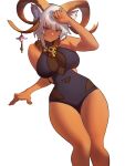  1girl absurdres animal_ears arknights bare_arms bare_legs bare_shoulders black_one-piece_swimsuit breasts carnelian_(arknights) carnelian_(shimmering_dew)_(arknights) casual_one-piece_swimsuit cleavage commentary dark-skinned_female dark_skin distr goat_ears goat_girl goat_horns highres horn_ornament horns jewelry large_breasts looking_at_viewer necklace official_alternate_costume one-piece_swimsuit red_eyes see-through see-through_cleavage short_hair simple_background solo swimsuit white_background white_hair wide_hips 