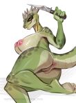  2023 anthro anus argonian bethesda_softworks breasts butt deeja digital_media_(artwork) female fingers genitals hi_res holding_object johnfoxart looking_at_viewer non-mammal_breasts pussy scalie simple_background solo text the_elder_scrolls url weapon 