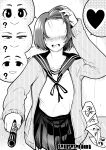  &gt;_o 1girl absurdres blush breasts cardigan commentary_request dated faceless faceless_female greyscale hand_on_own_head heart highres holding holding_marker large_breasts marker monochrome one_eye_closed open_mouth original paper pov school_uniform serafuku short_hair solo spoken_heart sweatdrop yamakusa_yuu 