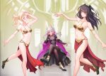  3girls armlet black_hair blonde_hair breasts cape cleavage crossed_legs dancing fire_emblem fire_emblem_awakening fire_emblem_heroes grey_hair grima_(fire_emblem) harem highres lissa_(fire_emblem) metal_bikini multiple_girls official_alternate_costume robin_(female)_(fell_tactician)_(fire_emblem) robin_(female)_(fire_emblem) robin_(fire_emblem) see-through see-through_cleavage shiro_font small_breasts tharja_(fire_emblem) twintails 