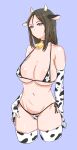  1girl absurdres animal_ears animal_print bell bikini blue_background blue_eyes breasts brown_hair cameltoe cow_ears cow_horns cow_print cowbell elbow_gloves fake_animal_ears fake_horns girls_und_panzer gloves highres horns kuppipi_ramutarou large_areolae large_breasts long_hair micro_bikini navel neck_bell nonna_(girls_und_panzer) print_bikini side-tie_bikini_bottom simple_background solo swimsuit thighhighs 