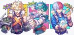  3boys :d ^_^ bakugou_katsuki bare_shoulders belt belt_pouch black_shirt blonde_hair blue_background blue_eyes blue_jacket blush boku_no_hero_academia bracer burn_scar cat character_request clenched_hands closed_eyes collared_jacket commentary detached_sleeves elbow_gloves explosive fire food freckles gauntlets gloves green_eyes green_gloves green_hair green_jumpsuit grenade grey_eyes grey_hair hair_between_eyes hand_up hands_up heterochromia high_collar highres jacket jumpsuit looking_at_another male_focus marshmallow mecyo_(mamezurushiki) midoriya_izuku multicolored_hair multiple_boys notice_lines on_head on_shoulder open_mouth outstretched_arm outstretched_hand parted_lips pectorals pink_background pouch rabbit red_belt red_eyes red_hair roasted_marshmallow round_teeth scar scar_on_face shirt short_hair simple_background sleeveless sleeveless_shirt sleeves_past_elbows sleeves_rolled_up smile snowflakes sound_effects sparkle spiked_hair split-color_hair symbol-only_commentary teeth todoroki_shouto two-tone_hair v-shaped_eyebrows white_background white_gloves yellow_background 