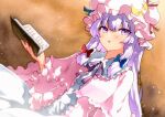  1girl blush book crescent crescent_hat_ornament dress hair_between_eyes hat hat_ornament highres holding holding_book long_hair long_sleeves mob_cap open_book open_mouth patchouli_knowledge pink_dress pink_headwear purple_eyes purple_hair qqqrinkappp solo touhou 
