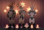  anthro antlers bell bell_harness boots brown_body clothing crossed_arms cseed deer footwear group hands_behind_back harness horn jingle_bell jingle_bell_harness jockstrap lamp lantern male male/male mammal new_world_deer nipples reindeer shaded soft_shading star tan_body trio underwear 