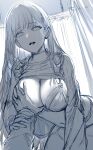  1girl blue_archive breasts curtains girl_on_top grabbing grabbing_another&#039;s_breast hair_ornament hairclip halo hand_on_another&#039;s_arm hews highres large_breasts long_hair long_sleeves monochrome rio_(blue_archive) sweater turtleneck unfinished 