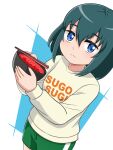  1girl black_hair blue_eyes bowl chopsticks fish_(food) food frown green_shorts hair_between_eyes highres hina_(hinamatsuri) hinamatsuri_(manga) holding holding_food ikura_(food) long_sleeves looking_at_viewer medium_hair pawavita-maio shirt shorts simple_background solo standing white_shirt 