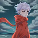  1boy blurry blurry_background cloud coat dayu_haitang from_side highres kumu_zaisheng looking_at_viewer looking_to_the_side mountainous_horizon night night_sky outdoors parted_lips qiu_(da_yu_hai_tang) red_coat red_scarf scarf short_hair sky solo star_(sky) starry_sky upper_body water white_hair wind yellow_eyes 